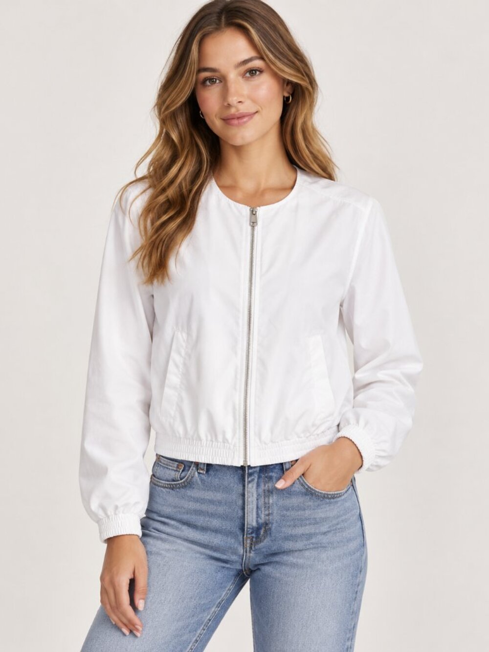 Calvin Klein Jeans White Cropped Bomber Jacket Minimalist Fresh US 6 S